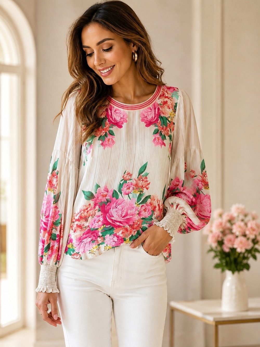 Jealous Tomato Women's Small Floral Pleated Balloon Sleeve Cottage Core Blouse